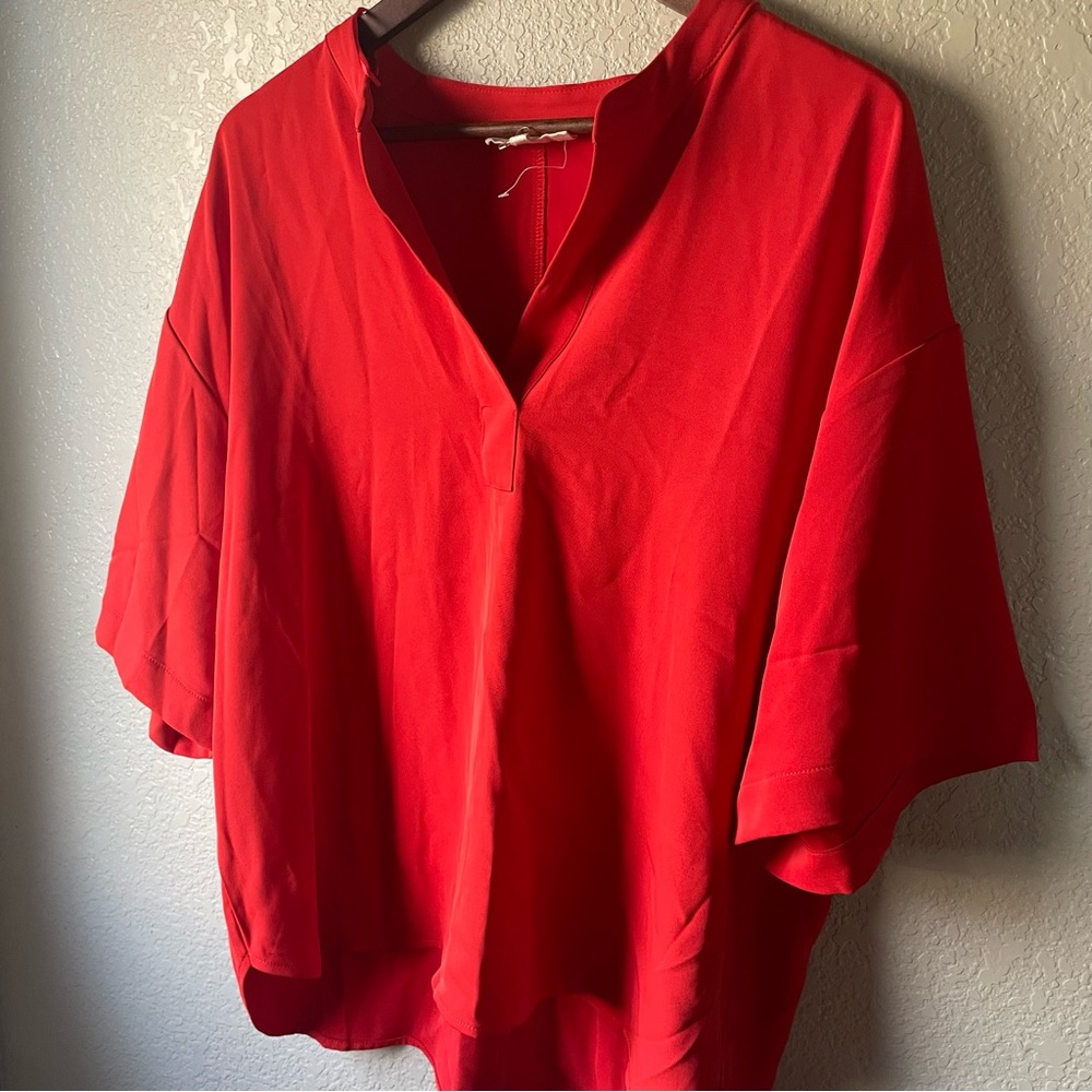 Melloday Womens Large Red Split Neck Short Sleeve Tunic Top Office Business - Picture 4 of 10